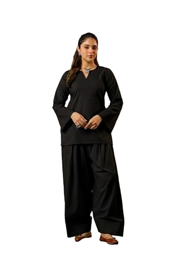 Image of REAM Women's Cotton Sleeveless Kurti and Farshi Salwar Set, Black, Ethnic Wear, Casual and Festive