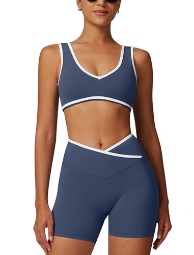 ABOCIW Workout Sets for Women Color Block Sports Bra Crossover Waist Shorts 2 Piece Gym Yoga Pilates Outfits
