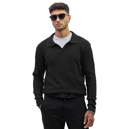 Image of SNITCH Men's Textured| Self-Design Sweaters | Casual Wear| College Wear Streetwear Style | Acrylic Blend Polo Full Sleeve Slim Fit Black