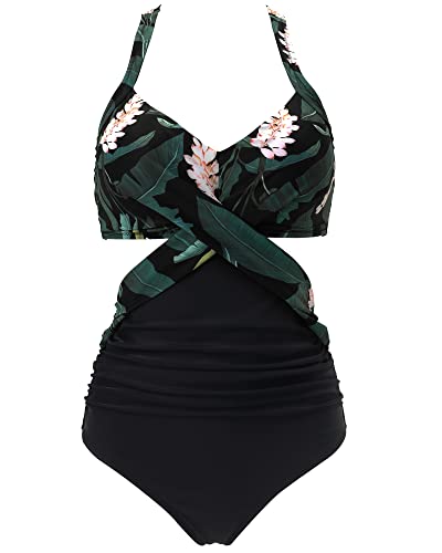 Rxrxcoco Women Front Cross One Piece Swimsuit Tummy Control Cross Back Monokini Bathing Suit For Women Black Flower Medium #TOP1