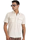 Thomas Scott Hombre | Sólido | Media manga | Ajuste regular | Mezcla de algodón | Bolsillo doble con solapa | Cuello extendido | Camisa casual, Blanco roto, 46