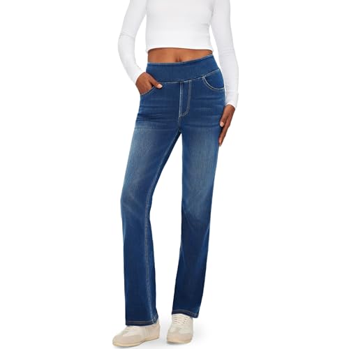 Fanica High Rise Bootcut Jeans for Women, Stretchy Pull On Elastic Waist Denim Pants(Navy Medium)