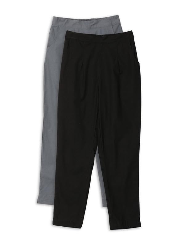 SAADAA Pack of 2 Women’s Cotton Pants | Regular Fit Mid-Rise Comfortable Trousers with Pockets | Casual