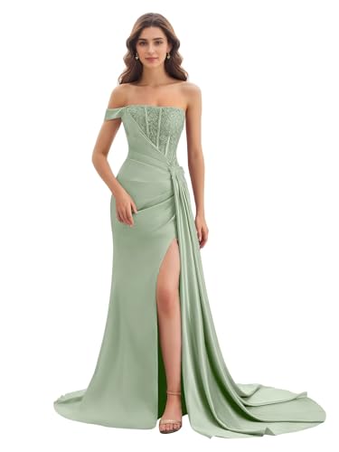 JSSOFT TEX Women's Lace Appliques Bridesmaid Gowns for Wedding One Shoulder Prom Dress 2026 Formal Gown Evening Dresses with Side Slit Sage Green 10 N1