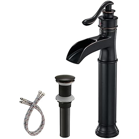 Vessel Sink Faucet Oil Rubbed Bronze Waterfall with Pop Up Drain Assembly Commercial Farmhouse Tall Body Mixer Tap Bowl Single Handle One Hole Without Overflow Supply Line Lead-Free Cover