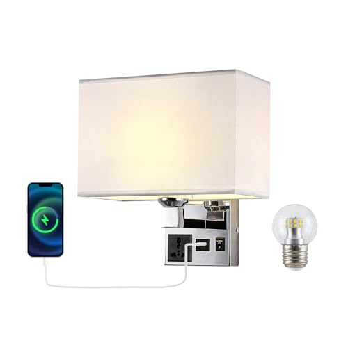 Image of Bedside Wall Mount Light with USB, LED Reading Swing Arm Fabric Shade Wall Sconce, Hardwired Wall Lamp for Bedroom, Living Room Hotel (Chrome)