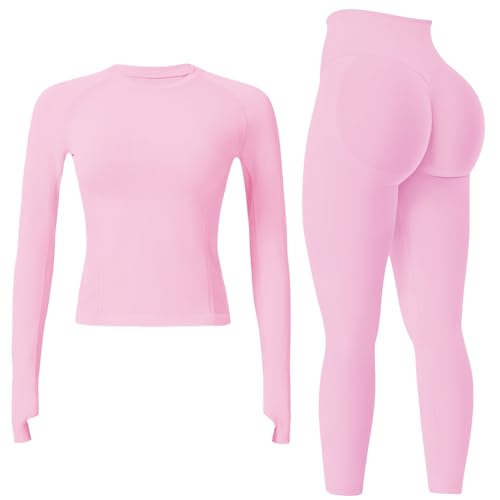 JN JANPRINT Conjunto de gimnasio sin costuras para mujer, 2 piezas, camiseta de manga larga, leggings ocultos para yoga, chándal, rosa, M