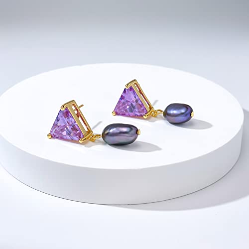 Viennois Healing Purple Gemstone Freshwater Pearls Dangle Earring For Women Girls,With Cubic Zirconia,925Silver Needle (A-Gold) #TOP4