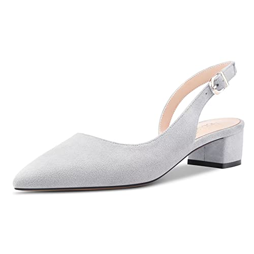 NobleOnly Women Chunky Block Low Heel Close Pointed Toe Sandals Slingback Slip-on Buckle Pumps Court Shoe Wedding Dress Cute 3.5 CM Heels Shoes Grey Suede 5 UK