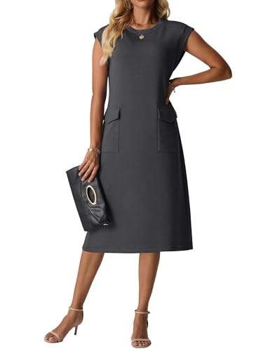 Image of QIXING Womens Sleeveless Summer Knee Length Dress Round Neck Wrinkle-Free Midi Dress with Pocket (Dark Gray, M)