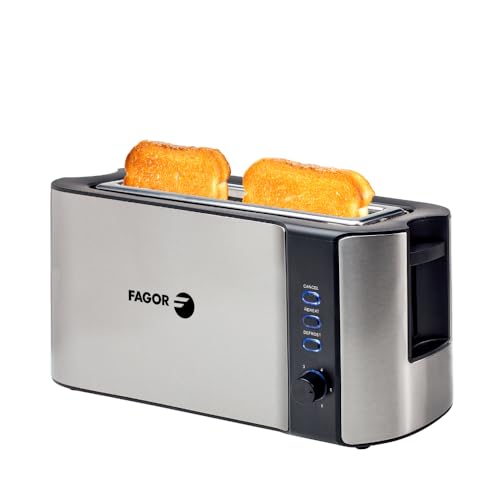 Fagor BigToast Steel – Tostador de Doble Ranura Larga, 1550W Acero Inoxidable, 6 Niveles de Tostado, 3 Funciones