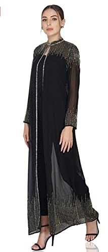 Image of Matelco Women Georgette Floor Length Hand Embroidered Embellished Longline Front Open Shrug Dress