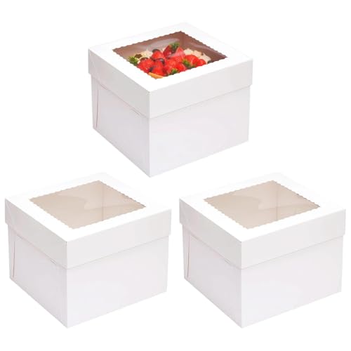 SHILIUZHI 3 Pcs White Cake Boxes with Window 8 Inch Cake Box Cakes Containers with Removable Lids Cardboard Square Baking Boxes for Bakery Cookies Dessert Wedding Birthday Party