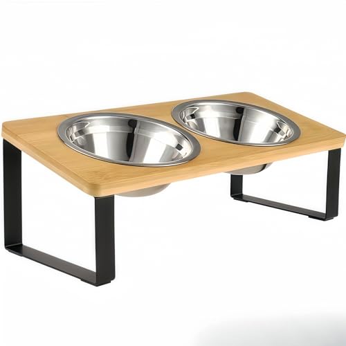 Kaziro 猫餌入れ 猫食器 猫小型犬エサ台付きセラミックボウル 10度の斜め餌台頸椎を守る斜め口デザインの犬用・猫用ダブルボウル陶器製の水飲みボウル 猫フードボウル 竹製 スタンドすべり止めシリコン付き 猫 水飲み皿 陶器製 ペット、フード用 (天然木