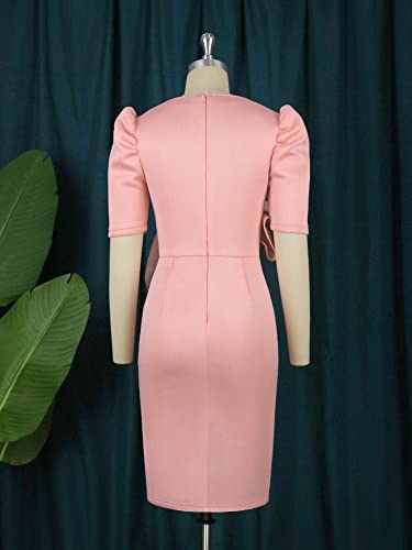 ONTINVA Women V-Neck Flower Short Sleeve Ruffle Formal Party Dress Work Office Cocktail Dresses4