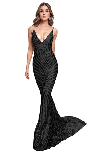 Spaghetti Straps Prom Dresses for Women Long V Neck Mermaid Sequin Formal Evening Party Gowns with Train
