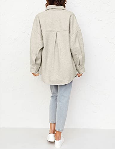 MEROKEETY Womens Long Sleeve Wool Shacket Jacket Lapel Button Down Coats Outwear with Pockets, Oatmeal, L MEROKEETY Womens Long Sleeve Wool Shacket Jacket Lapel Button Down Coats Outwear with Pockets, Oatmeal, L