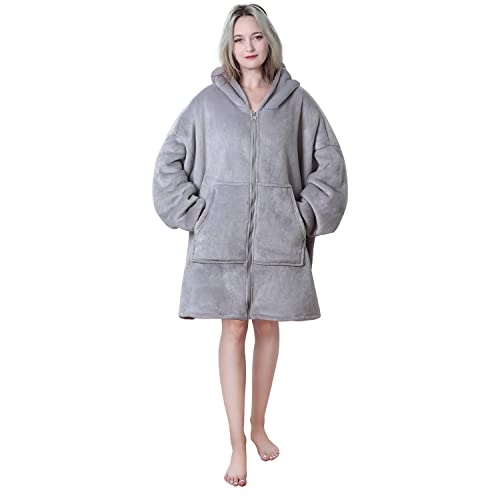 Queenshin Open Front Zip Up Oversized Hoodie Wearable Blanket For Men Women, Adults Comfy Sherpa Lined Hooded Sweatshirt With Zipper, One Size,Light Grey #TOP1