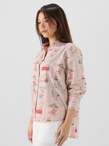 Image of The Souled Store Official Peanuts: Beach Bum Women and Girls Long Sleeve Collared Neck Pink All Over Printed Cotton Boyfriend Shirts