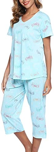 ENJOYNIGHT Women's Sleepwear Tops with Capri Pants Pajama Sets(Medium,Flyyying)