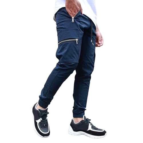 Pantalones Cargo Casuales para Hombre, Pantalones Cargo Multibolsillos para Hombre, Casuales con Cintura elástica y cordón, Azul Marino, Talla Mediana
