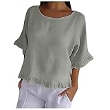 Cuello redondo, dobladillo fruncido, manga media, parte superior de algodón y lino, blusa casual de color liso con volantes y manga corta para mujer, caqui, S