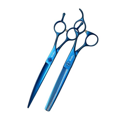 SnipStar Professional Pet Scissors Blue Set VG10 Steel 7 inch Curved Cutting Scissors and Thinning Shears 56 Teeth,Thinning Rate 25%