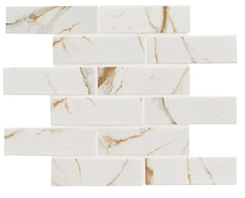 Tenedos 2x6 White and Gold Brownish Calacatta Vintage Look Matte Porcelain Mosaic Wall Tile for Bathroom Walls, Kitchen Backsplashes, Artistic Insets, Accent Wall (1 Sheet)