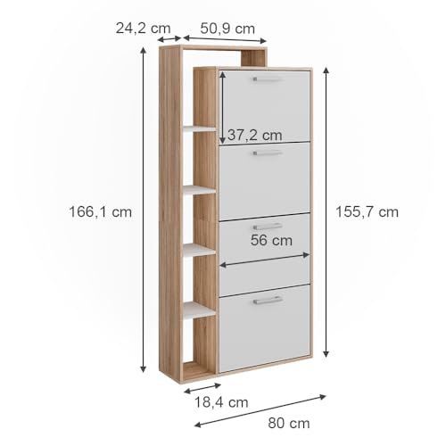 Vicco Scarpiera Orlando, Bianco/Sonoma, 80 X 166.1 Cm Con 4 Scomparti, Per La Conservazione E L’Organizzazione Delle Scarpe Nell’Ingresso - 3