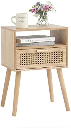 MaxSmeo Modern Nightstand Rattan Side Table with Storage, Farmhouse End Table for Living Room, Bedroom and Small Spaces, Accent Bedside Tables with Solid Wood Legs, Easy Assembly (Natural Walnut)