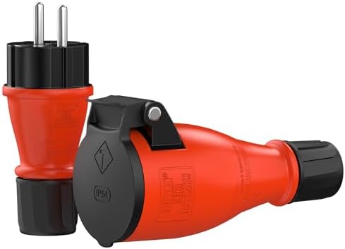 RedStar24 Schutzkontakt Stecker & Kupplung Set 230V IP54 – Gummi Schuko Stecker/Dose mit Zugentlastung & Knickschutz – robuster Gummi Stecker Outdoor für Verlängerungskabel, Bauste