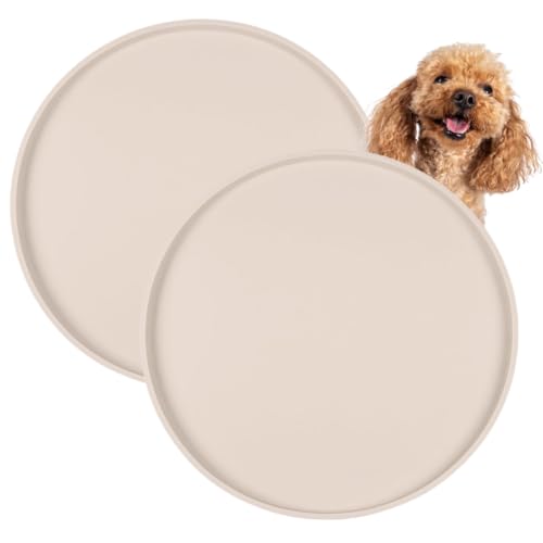 Napfunterlage Hund Rund 2 Stück, BPA-Freie Silikonmatte mit Rand, Durchmesser 25 cm rutschfeste Haustiermatte für Futter- und Wassernäpfe, Leicht zu Reinigen und Wasserdicht,Beige