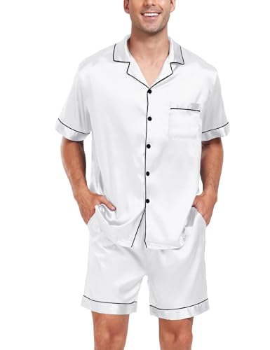 Image of SWOMOG Men Satin Silk Pajamas Sets Short Sleeve Sleepwear Button-Down PJs Sets Two-Pieces Loungewear with Pockets