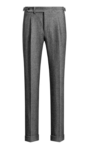 Tuikayoo Men's Tweed Pants Adjustable Buckle Herringbone Pleated Front Dress Suit Trousers Wool