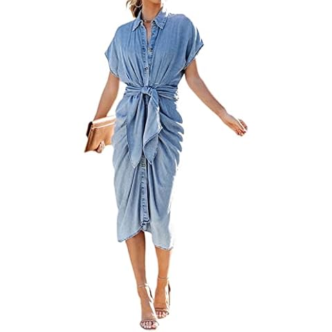Koitniecer Women's Denim Midi Dress Summer Short Sleeve Denim Shirt Dress Ruched Belted Denim Button Down Dress (Blue, L) Cover