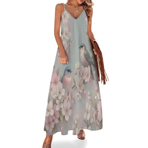 Robe d'été col V longue imprimée fleurs roses et cyan