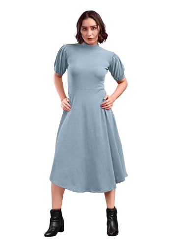 Image of PURVAJA Women's Fit & Flare Knee Length Short Sleeve Turtle Neck Solid Dress