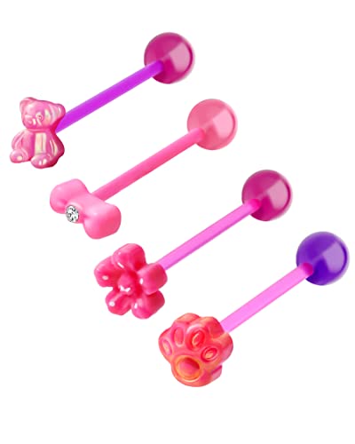 Cocharm 4Pcs 14G Plastic Hot Pink Tongue Rings For Women Flexible Bear Tongue Rings Cute Paw Tongue Barbell 14 Gauge Acrylic Flower Tongue Ring Set Bow Tongue Piercing Jewelry #TOP20