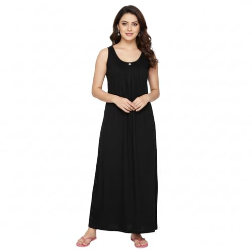 Image of Cotton Full Length Long Camisole for Women - Long Innerwear Petticoat - Plus Size Nighty - Kurti Slip - Suit Slip - Black Color