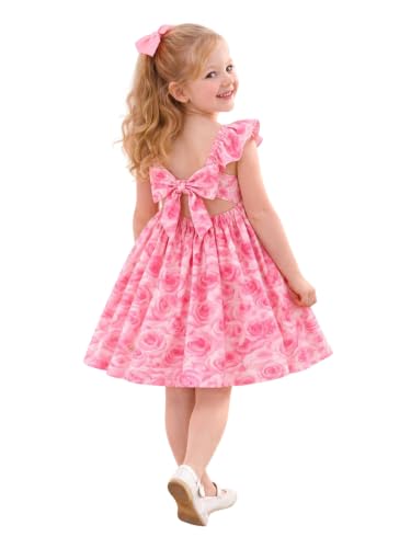 Image of Girls Floral Dress Square Neck Ruffle Sleeve Bow Back Twirl Cotton Dress