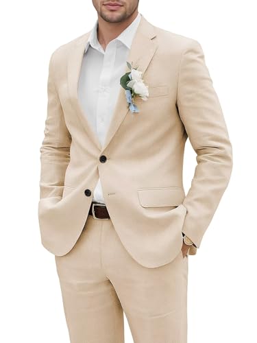 HUUTOE Men's Linen Suit 2 Piece Slim Fit Prom Party Business Beach Wedding Groomsmen Suits Linen Blazer Pants Tuxedo Set
