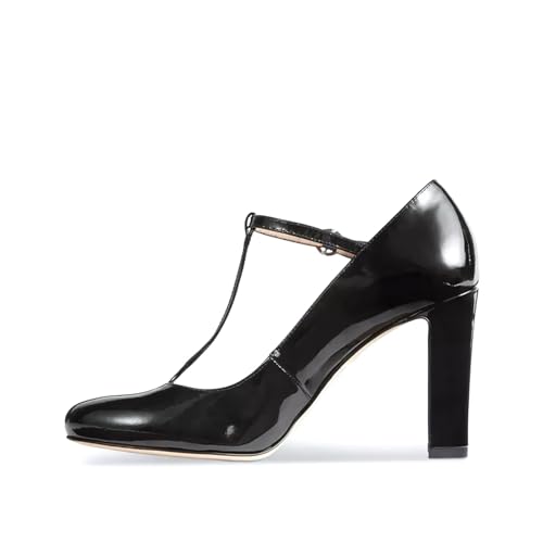 iadore Women Fashion Patent Leather High Chunky Heel Shoes Sexy Round Toe with T Strappy Buckle Dress Pumps Size 5-12 US