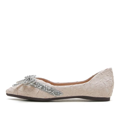 HIPPOSEUS Women's Rhinestone Bow-Knot Flat Shoes Pointed Toe Ballet Flats Crystals Dressy Shoes