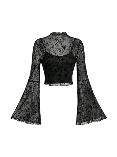 Verdusa Women's Goth Grunge Clothes Y2K Mesh Long Bell Sleeve Crop Tops Country Concert Outfits Boho Tops2