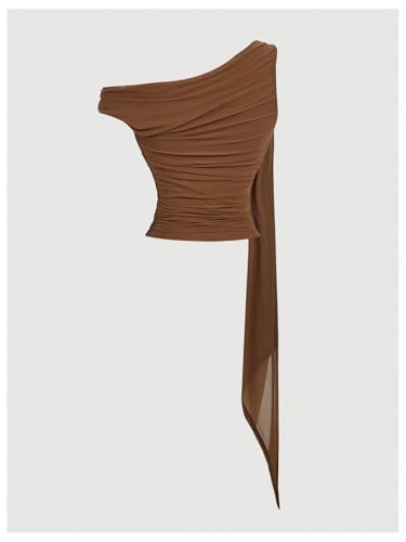 Verdusa Women's Sleeveless One Off Shoulder Asymmetrical Ruched Trendy Going Out Fitted Cropped Tops2