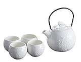 Japanese Style Tea Set-White Teapot Cups Set, Modern Porcelain Tea Pot with 4 Teacups with build in infuser for Loose Tea, For Restaurant and Home Daily use