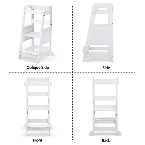 Toetol Bamboo Toddler Step Stool Kitchen Learning Stool For Kids Helper Standingtower 3 Height Adjustable For Kitchen Counter & Bathroom Sink With Safety Rail,White #TOP6