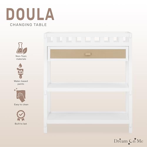 Image of Dream On Me Doula Changing Table in White - BSA & GREENGUARD Gold Certified, Enclosed Dressing Area for Safety, Two Spacious Storage Shelves & A Closed Drawer, Converts to Nightstand