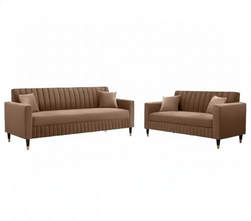 Image of AMATA Omega 3+2 Seater Camel Suede Velvet Fabric Sofa Set with Two Cushions Perfect for Home Office Guests Living Room (06 Camel, Omega 3+2 Seater Sofa)