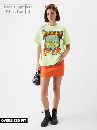 Image of The Souled Store Official Spongebob: Unrecognised Talent Women and Girls Oversize Fit Half Sleeves Graphic Printed Cotton Green Color T-Shirt